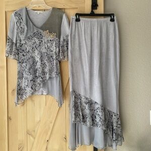 Spencer Alexis 2 Piece Skirt Top Set Silvery Gray Lace Sz 6 Fairy Whimsical